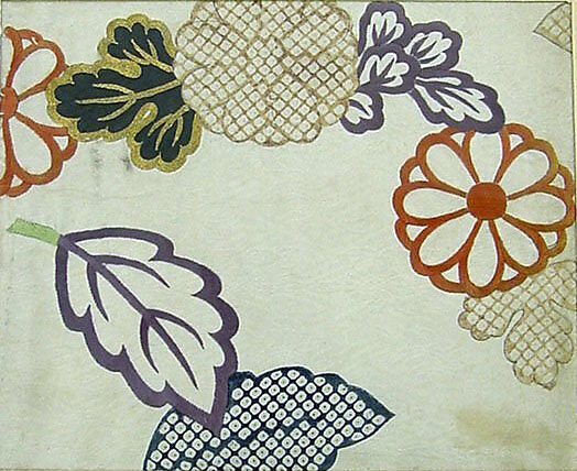 Piece from a Kosode with Chrysanthemums and Leaves, Resist-dyed and painted silk satin damask (rinzu), embroidered with silk and metallic thread, Japan 