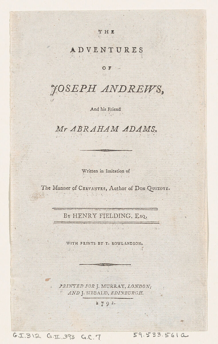 Title Page: "The Adventures of Joseph Andrews, and His Friend Mr. Abraham Adams", Thomas Rowlandson (British, London 1757–1827 London), Letterpress 