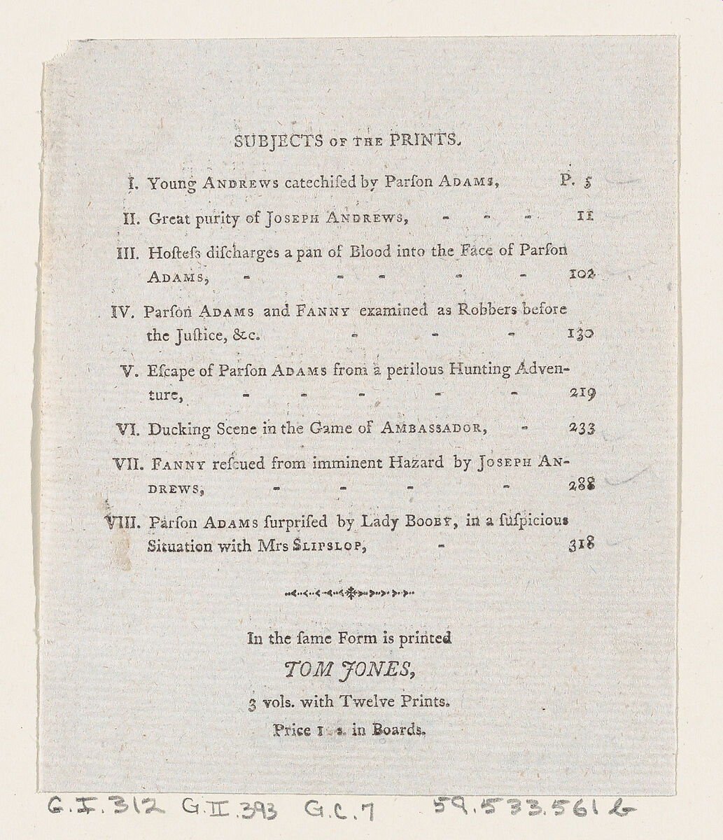Table of Contents: "The Adventures of Joseph Andrews, and his friend Mr. Abraham Adams", Thomas Rowlandson (British, London 1757–1827 London), Letterpress 