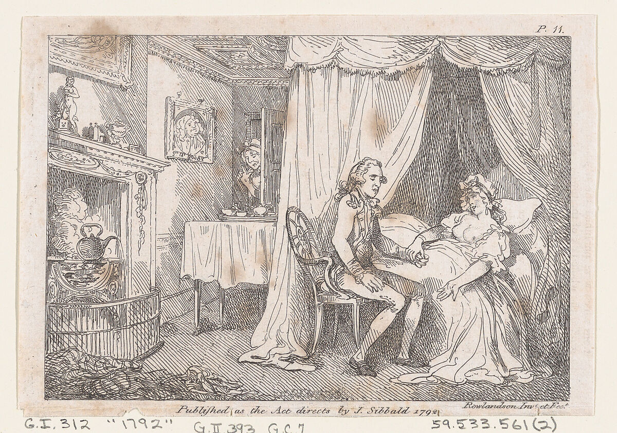Lady Booby attempts to seduce the immaculate Joseph, from "The Adventures of Joseph Andrews, and His Friend Mr. Abraham Adams", Thomas Rowlandson (British, London 1757–1827 London), Etching 