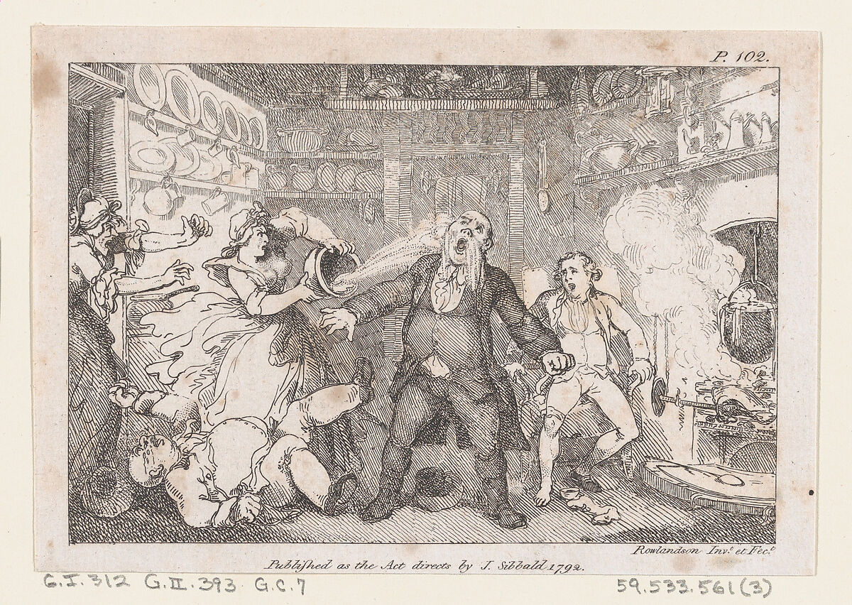 Hostess Discharges a Pan of Blood into the Face of Parson Andrews, from "The Adventures of Joseph Andrews, and his friend Mr. Abraham Adams", Thomas Rowlandson (British, London 1757–1827 London), Etching 