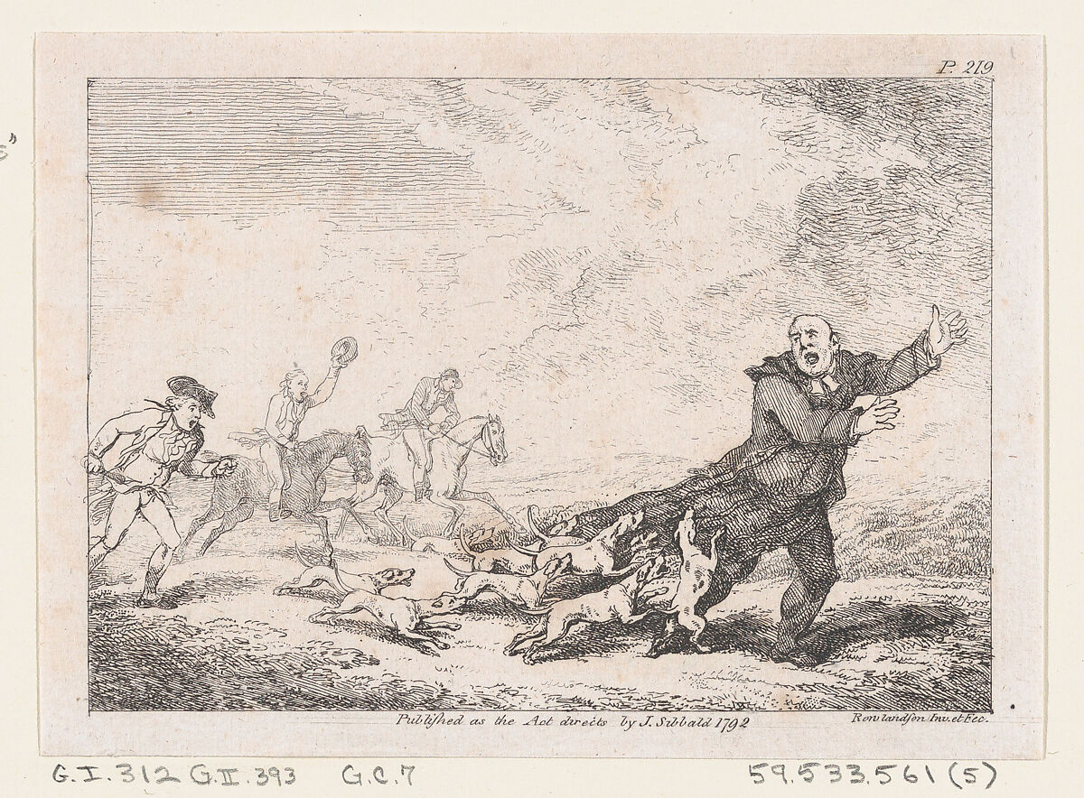 Parson Adams Engaged In A Perilous Hunting Adventure, from "The Adventures of Joseph Andrews, and his friend Mr. Abraham Adams", Thomas Rowlandson (British, London 1757–1827 London), Etching 