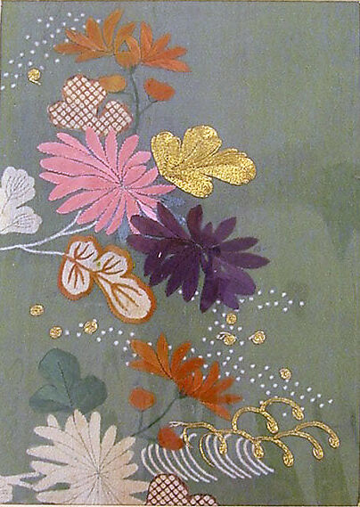Piece from a Kosode with Chrysanthemums and Waves, Resist-dyed and painted plain weave silk crepe (chirimen), embroidered with silk and metallic thread, Japan 