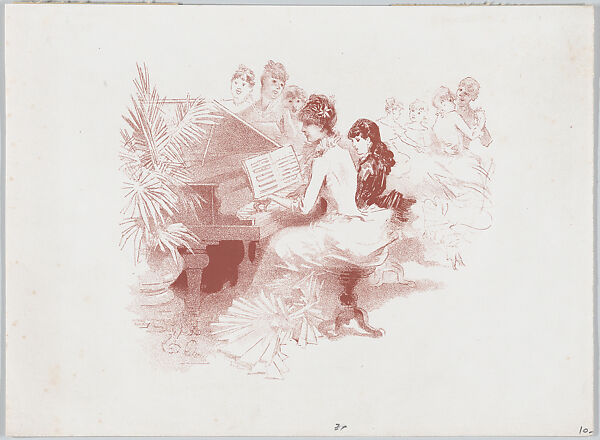 Woman at a Piano, Jules Chéret (French, Paris 1836–1932 Nice), Lithograph in red ink 