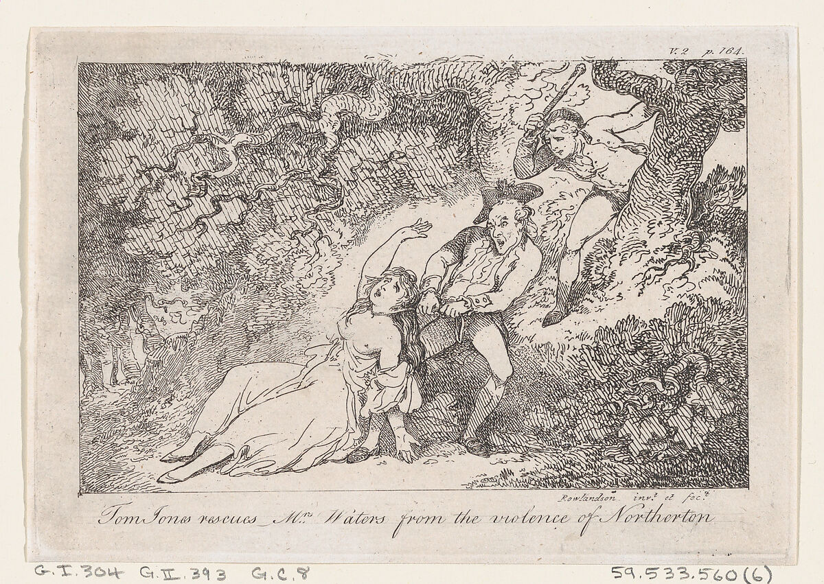 Tom Jones Rescues Mrs Waters from the Violence of Northerton, from "The History of Tom Jones, a Foundling", Thomas Rowlandson (British, London 1757–1827 London), Etching 
