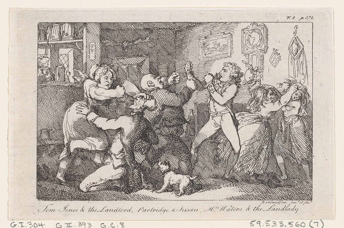 Tom Jones & the Landlord, Partridge & Susan, Mrs Waters & the Landlady, from "The History of Tom Jones, a Foundling", Thomas Rowlandson (British, London 1757–1827 London), Etching 