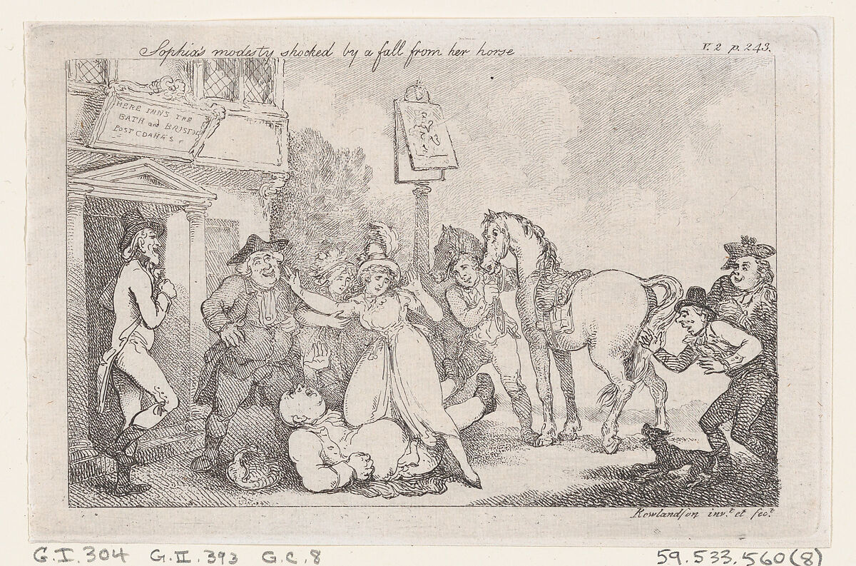 Sophia's Modesty Shocked by a Fall from her Horse, from "The History of Tom Jones, a Foundling", Thomas Rowlandson (British, London 1757–1827 London), Etching 