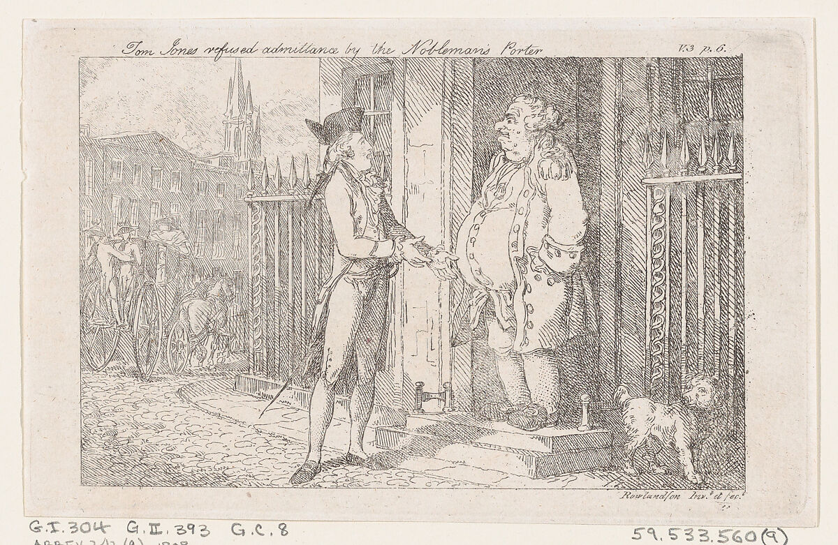 Tom Jones Refused Admittance by the Nobleman's Porter, from "The History of Tom Jones, a Foundling", Thomas Rowlandson (British, London 1757–1827 London), Etching 