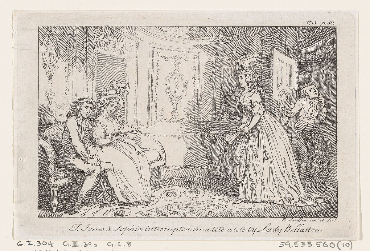 Tom Jones & Sophia interrupted in a tete a tete by Lady Bellaston, from "The History of Tom Jones, a Foundling", Thomas Rowlandson (British, London 1757–1827 London), Etching 