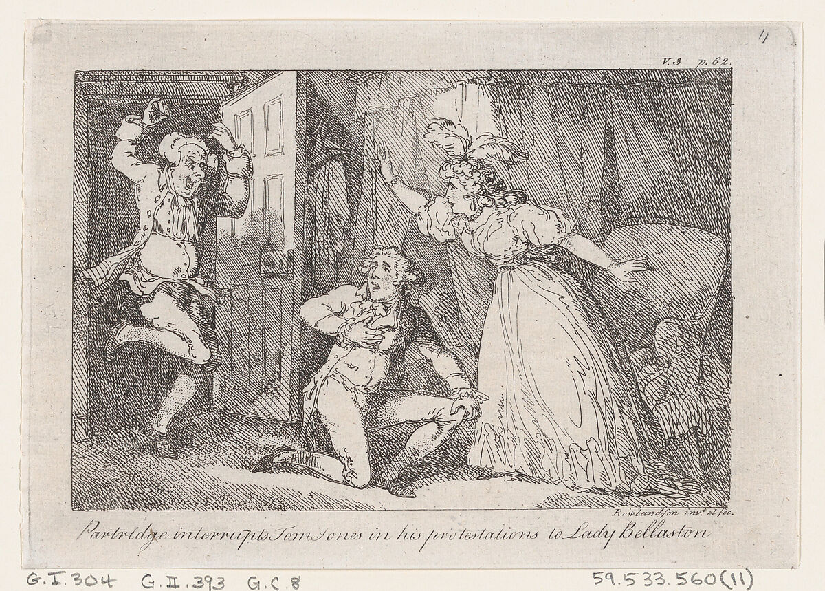 Partridge Interrupts Tom Jones in his Protestations to Lady Bellaston, from "The History of Tom Jones, a Foundling", Thomas Rowlandson (British, London 1757–1827 London), Etching 