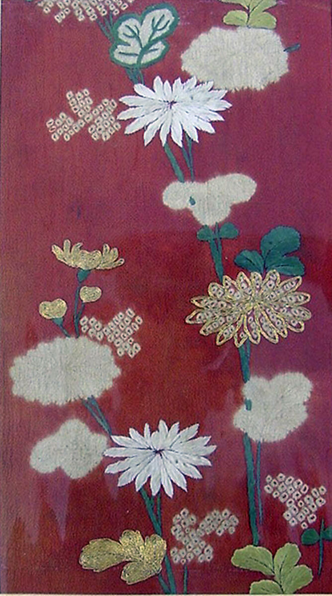 Piece from a Kosode with Chrysanthemums, Resist-dyed plain-weave silk crepe (chirimen), embroidered with silk and metallic thread, Japan 
