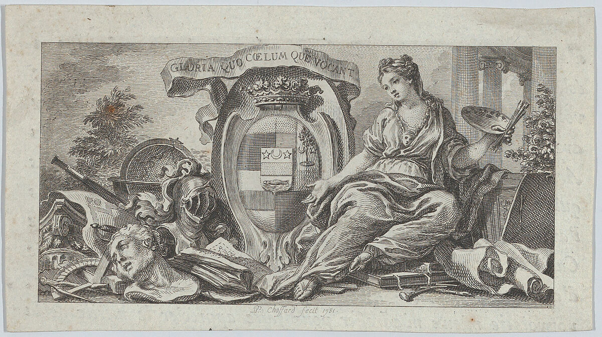 Vignette with shield of arms and an allegory for the Arts at right, Pierre Philippe Choffard (French, Paris 1730–1809 Paris), Etching and engraving 