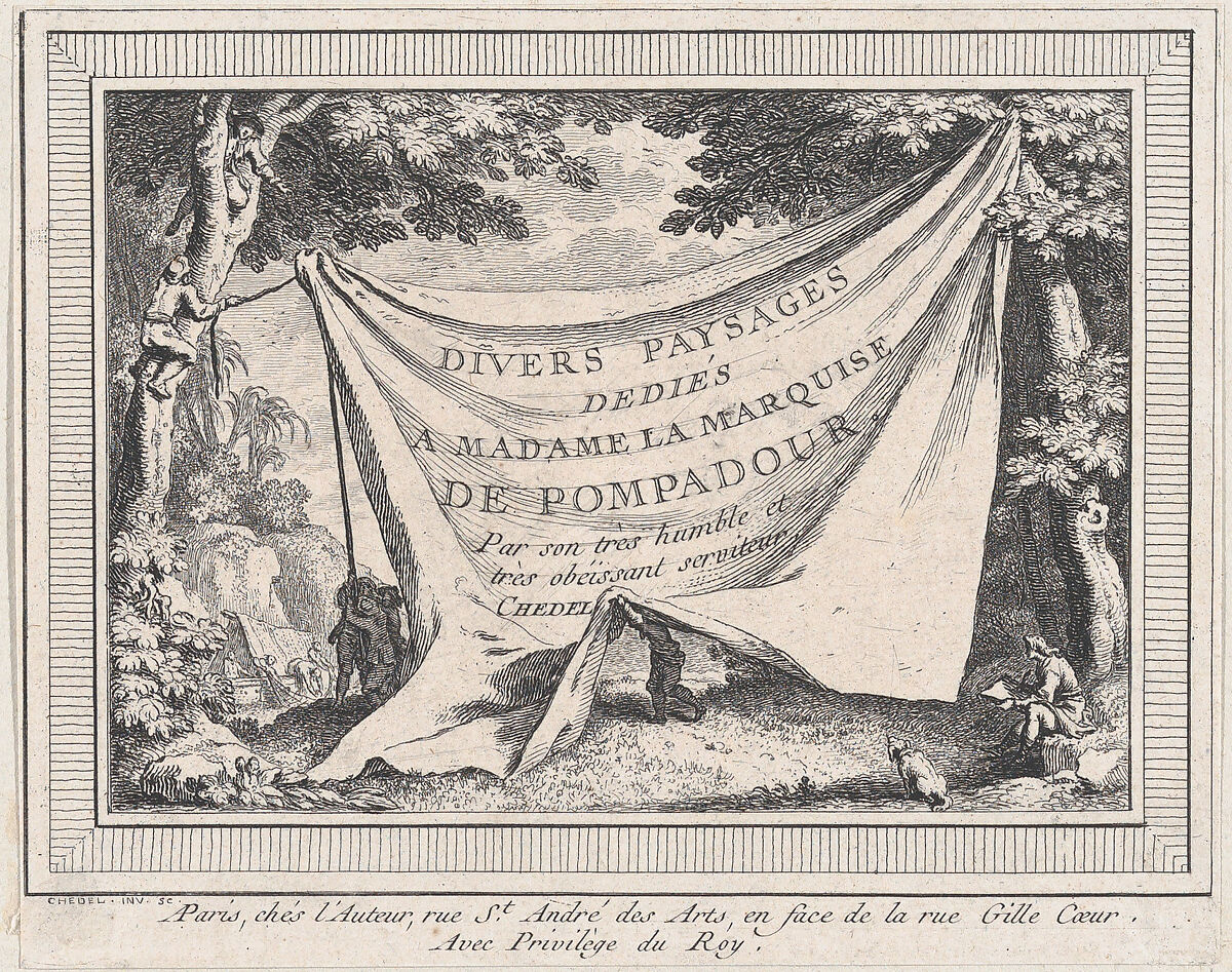 Title page, from series of six landscapes dedicated to Madame La Marquise de Pompadour, Quentin Pierre Chedel (French, Châlons-en-Champagne 1705–1763 Châlons-en-Champagne), Etching 