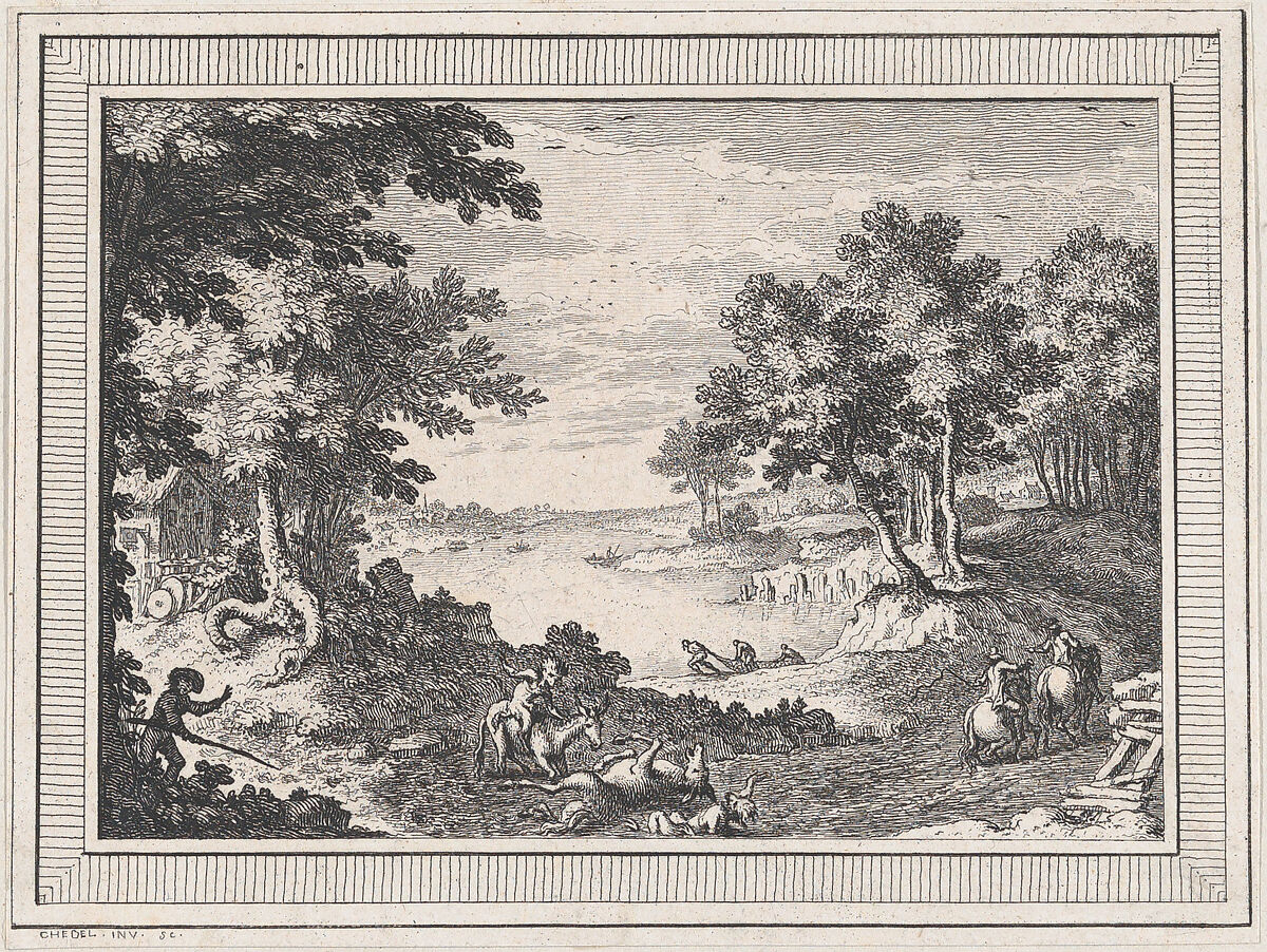 Landscape, from a series of six landscapes dedicated to Madame La Marquise de Pompadour, Quentin Pierre Chedel (French, Châlons-en-Champagne 1705–1763 Châlons-en-Champagne), Etching 