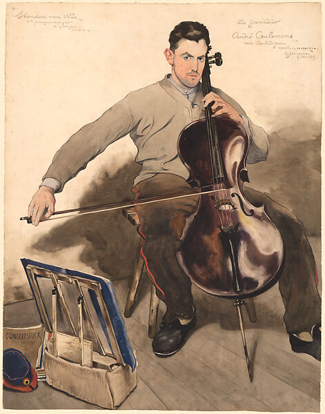 The Grenadier André Coulemans (the Cellist), Maurice Langaskens (Belgian, 1884–1946), Watercolor, colored pencil, and graphite 