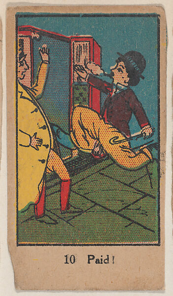 "Paid !" trade card from the Charlie Chaplin Movie Drawings series (W539), Commercial color lithograph reproducing drawing 