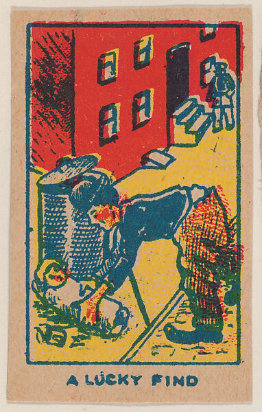 "A Lucky Find" trade card from the Charlie Chaplin series (W539), Universal Toy &amp; Novelty Manufacturing Company, Commercial color lithograph reproducing drawing 