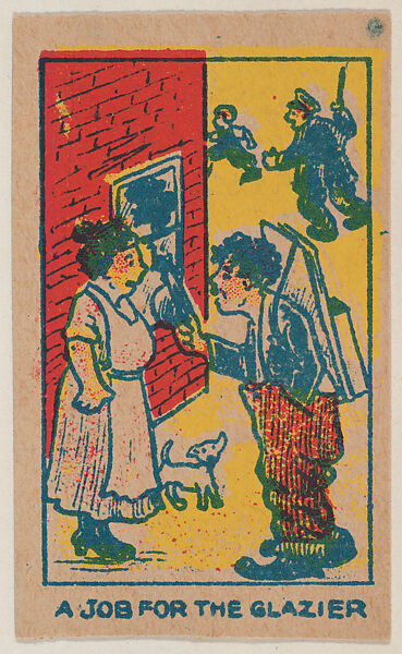 "A Job for the Glazier" trade card from the Charlie Chaplin series (W539), Universal Toy &amp; Novelty Manufacturing Company, Commercial color lithograph reproducing drawing 