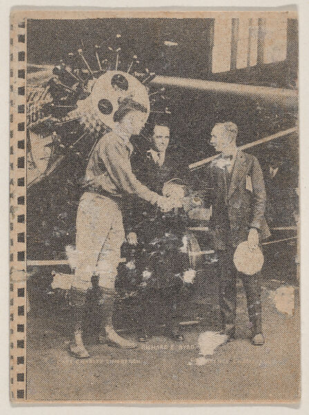 Charles Lindbergh, Commander Richard Byrd, and Clarence Chamberlin with the Spirit of St. Louis from Film Frame strip cards (W500), Commercial photolithograph 