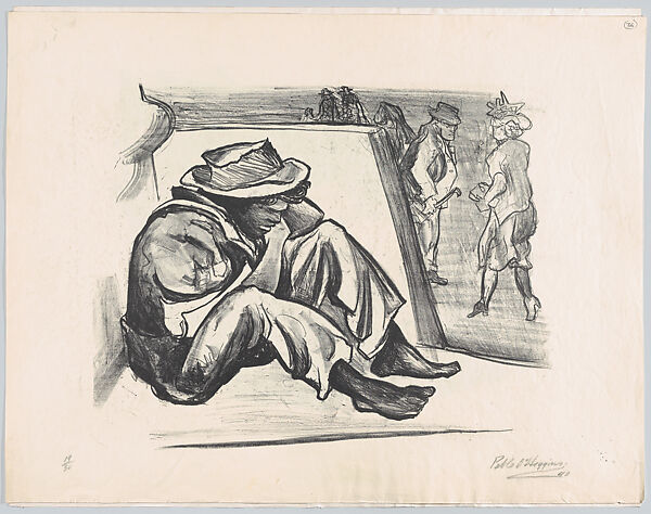 A man (presumably poor) sitting behind a low wall while elegantly dressed figures walk by at right, Pablo Esteban O&#39;Higgins (American, Salt Lake City, Utah 1904–1983 Mexico City), Lithograph 