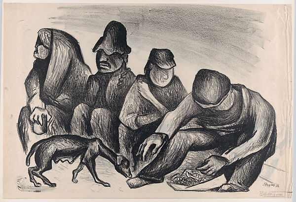 A group of four figures sitting the ground accompanied by a dog, on verso is a trial proof of the same image, Pablo Esteban O&#39;Higgins (American, Salt Lake City, Utah 1904–1983 Mexico City), Lithograph 
