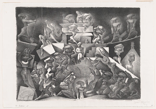 'Great  Builders' (figures engaged in building a pyramid), Jean Charlot  French, Lithograph