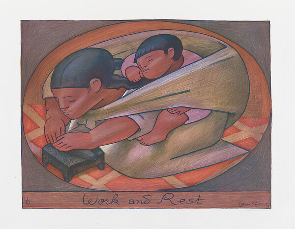 'Work and Rest': a Mexican woman carrying a child on her back while preparing tortilla, Jean Charlot (French, Paris 1898–1979 Honolulu, Hawaii), Colour lithograph on zinc, offset 
