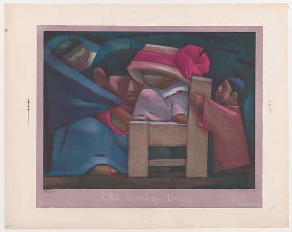 'The Sunday Dress', Mexican family including a child on a chair wearing an elegant hat, Jean Charlot (French, Paris 1898–1979 Honolulu, Hawaii), Colour lithograph on stone 