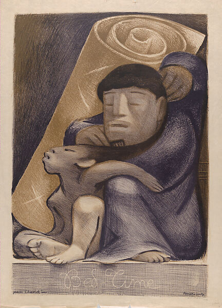 'Bed Time' a Mexican man combing a child's hair, Jean Charlot (French, Paris 1898–1979 Honolulu, Hawaii), Colour lithograph on stone 