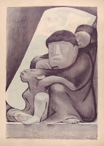 'Bed Time' a Mexican man combing his child's hair, Jean Charlot (French, Paris 1898–1979 Honolulu, Hawaii), Lithograph, proof impression in purple 