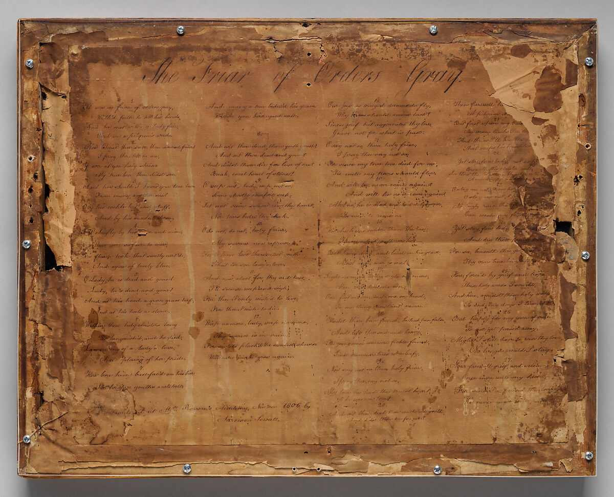 “The Friar of Orders Gray” needlework picture, Narcissa Sewall (American, York, Maine, 1791–1886 Winthrop, Maine), Silk on silk, paint, American