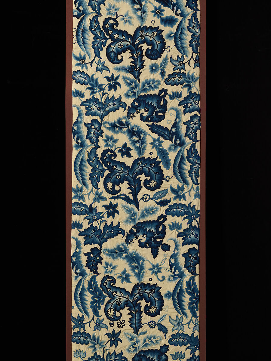 Pair of bed curtains, Crewel wool embroidery on plain weave wool foundation fabric, British