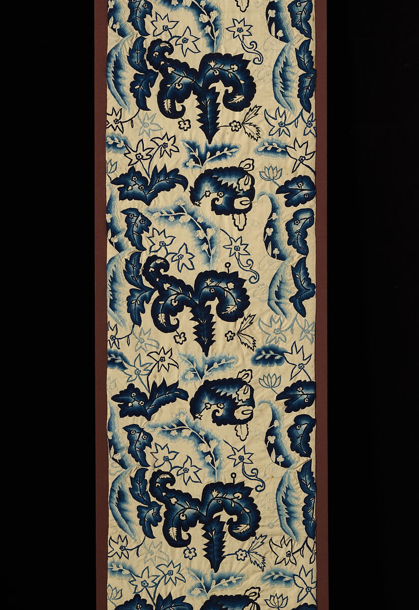 Pair of bed curtains, Crewel wool embroidery on plain weave wool foundation fabric, British