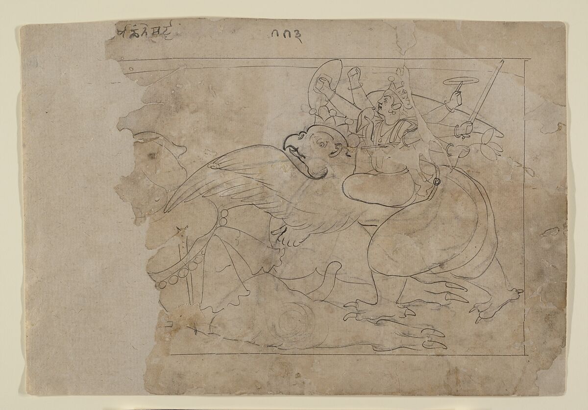 Vishnu on Garuda Slaying a Demon, Attributed to the Seu Family, Ink and wash on paper, India (Pahari Hills, Guler) 