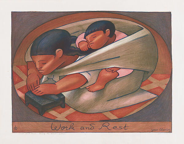 'Work and Rest' a Mexican woman carrying a child on her back while preparing tortilla, Jean Charlot (French, Paris 1898–1979 Honolulu, Hawaii), Colour lithograph on zinc 