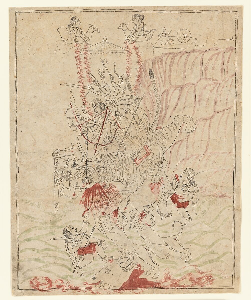The Goddess Durga Killing the Buffalo Demon, Mahisha (Mahishasura Mardini), Ink, transparent and opaque watercolor on paper, India (Rajasthan, Mewar) 