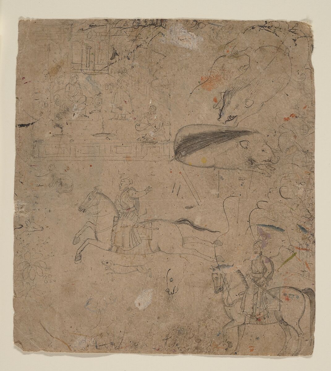 Page from a Sketchbook Showing Rulers on Horseback, Boars, and a Palace Scene, Attributed to Pandit Seu (Indian), Ink on paper, India (Pahari Hills, Guler) 