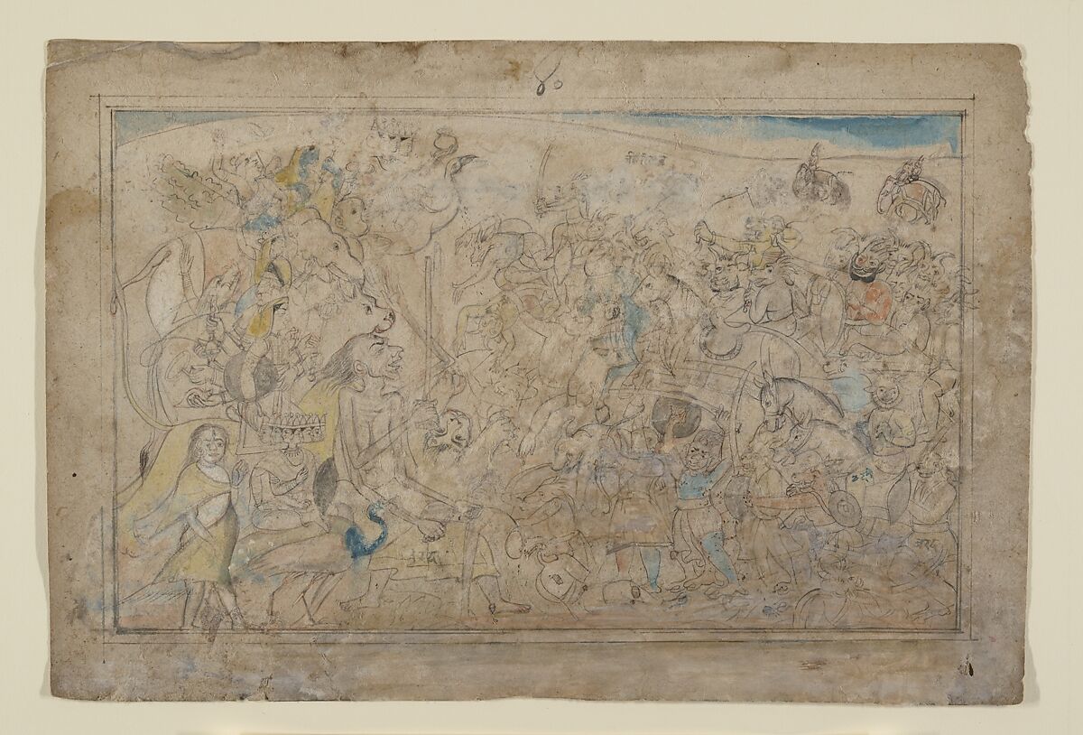Durga, Kali, and Five Matrikas Battle the Daitya Army of the Demon Shumbha: Scene from the Devi Mahatmya, Ink, wash, and translucent watercolor on paper, India (Himachal Pradesh, Guler) 