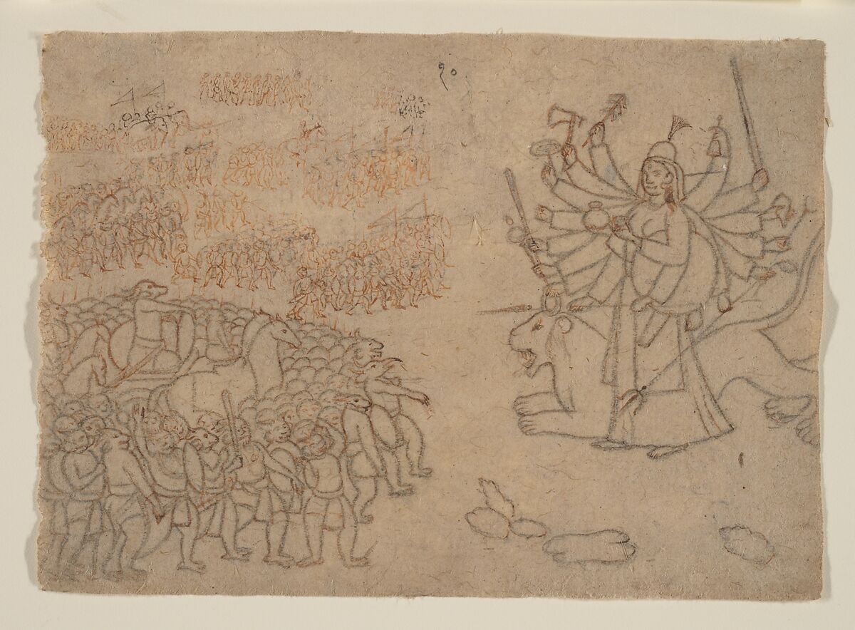 Durga Confronts the Army of the Demon Chikshura: Scene from the Devi Mahatmya, Charcoal and ocher on paper, India (Himachal Pradesh, Guler) 