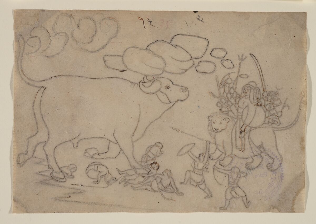 Durga Confronts the Buffalo Demon Mahisha: Scene from the Devi Mahatmya, Attributed to a first-generation master after Nainsukh (active ca. 1735–78), Charcoal and opaque watercolor on paper, India (Himachal Pradesh, Guler) 