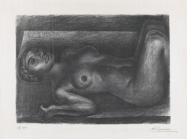 A naked woman laying down, her knees raised, David Alfaro Siqueiros (Mexican, Camargo 1896–1974 Cuernevaca), Lithograph 