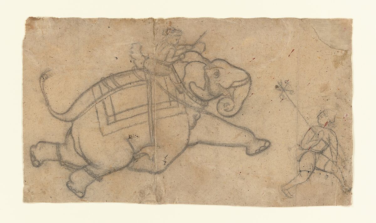 Running Elephant (recto); Practice Sheet of Elephant Sketches (verso), Charcoal on paper, India (Rajasthan, Kotah) 