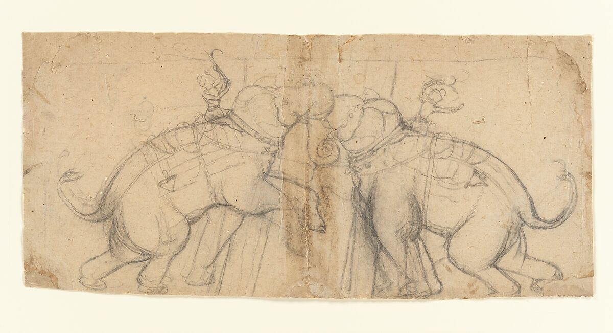 Elephants in Combat, Charcoal on paper, India (Rajasthan, Kotah) 
