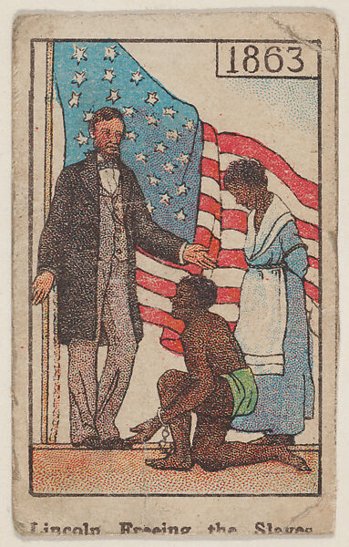 Lincoln Freeing the Slaves 1863 trade card (W500), Mayfair Novelty Co., Commercial color lithograph reproducing drawing 