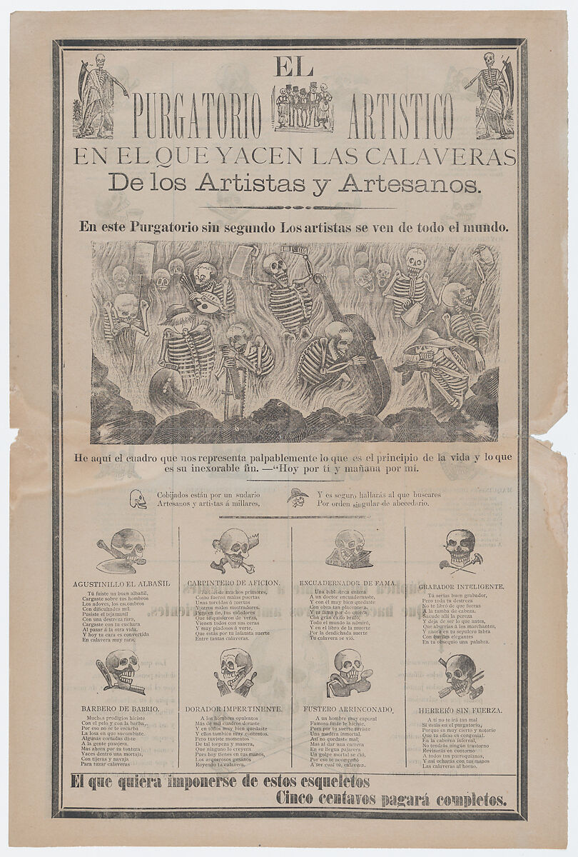Broadsheet, on recto artist and artisans in hell with objects relating to their profession entitled 'The artistic purgatory, where the calaveras of artists and craftsmen lie', on verso skulls relating to different professions, José Guadalupe Posada (Mexican, Aguascalientes 1852–1913 Mexico City), Etching on zinc, woodcut, letterpress, relief printing 
