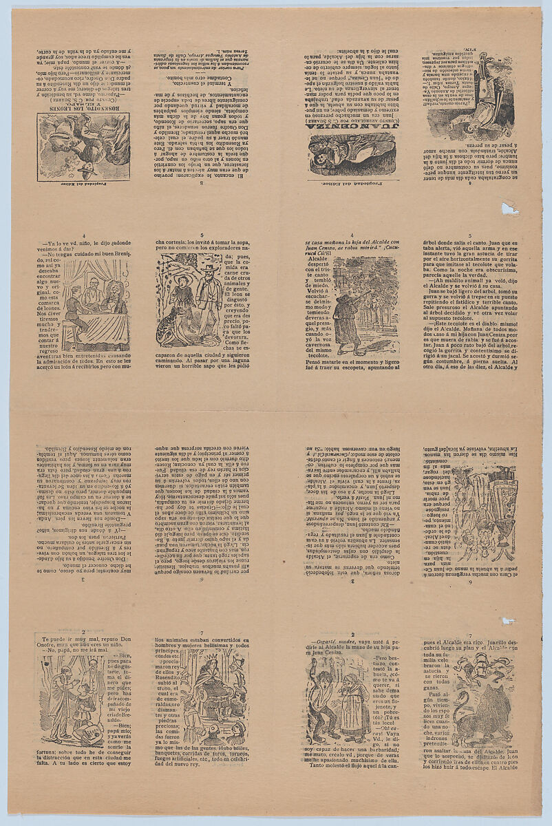 An uncut sheet printed on both sides with pages from "Juan Ceniza" (cuento arreglado por C. S. Suarez) and "Rosendito, los leones y el sapo" (cuento  por C. S. Suarez), José Guadalupe Posada (Mexican, Aguascalientes 1852–1913 Mexico City), Etching on zinc and letterpress (relief printing) 