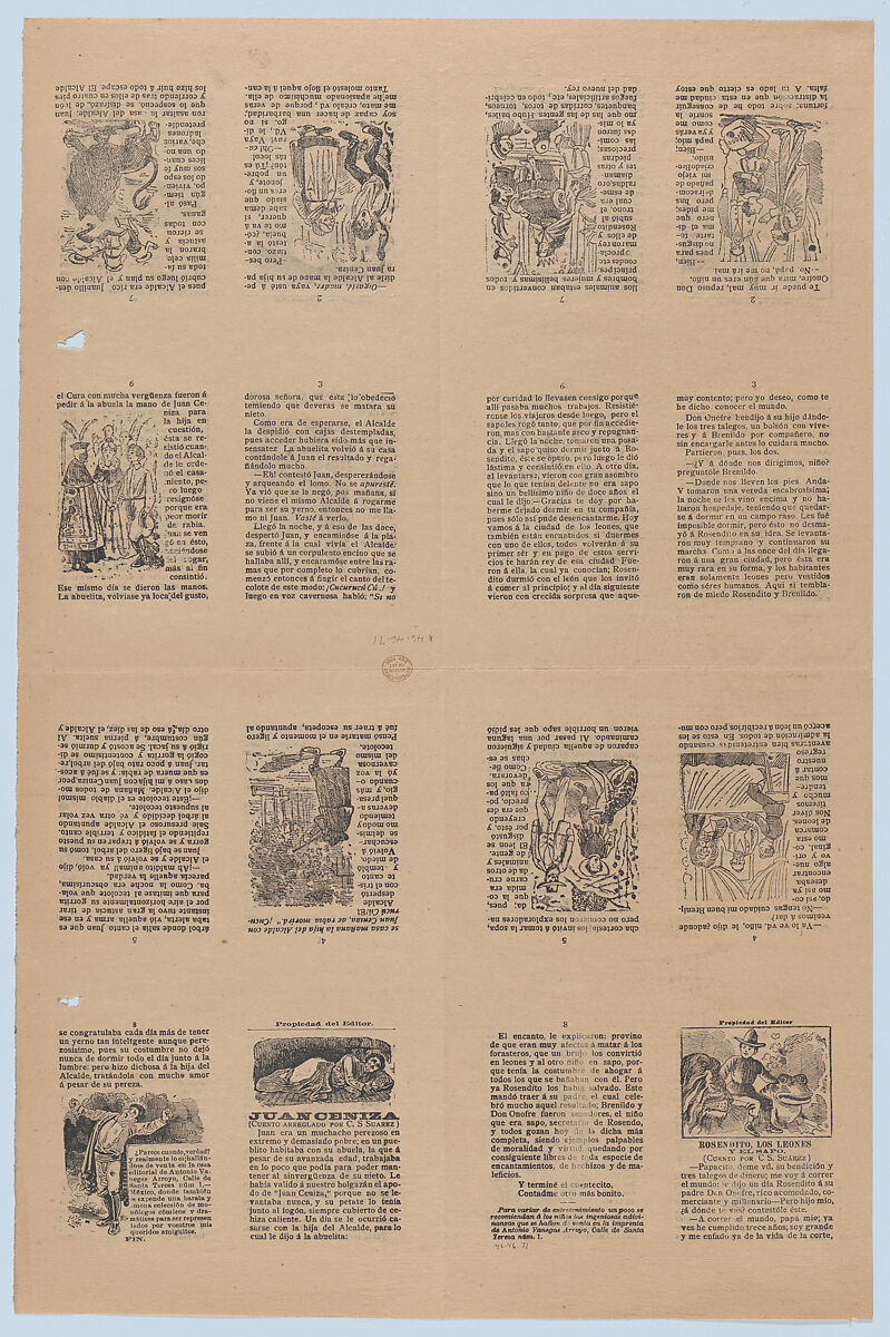 An uncut sheet printed on both sides with pages from "Juan Ceniza" (cuento arreglado por C. S. Suarez) and "Rosendito, los leones y el sapo" (cuento  por C. S. Suarez), José Guadalupe Posada (Mexican, Aguascalientes 1852–1913 Mexico City), Etching on zinc and letterpress (relief printing)