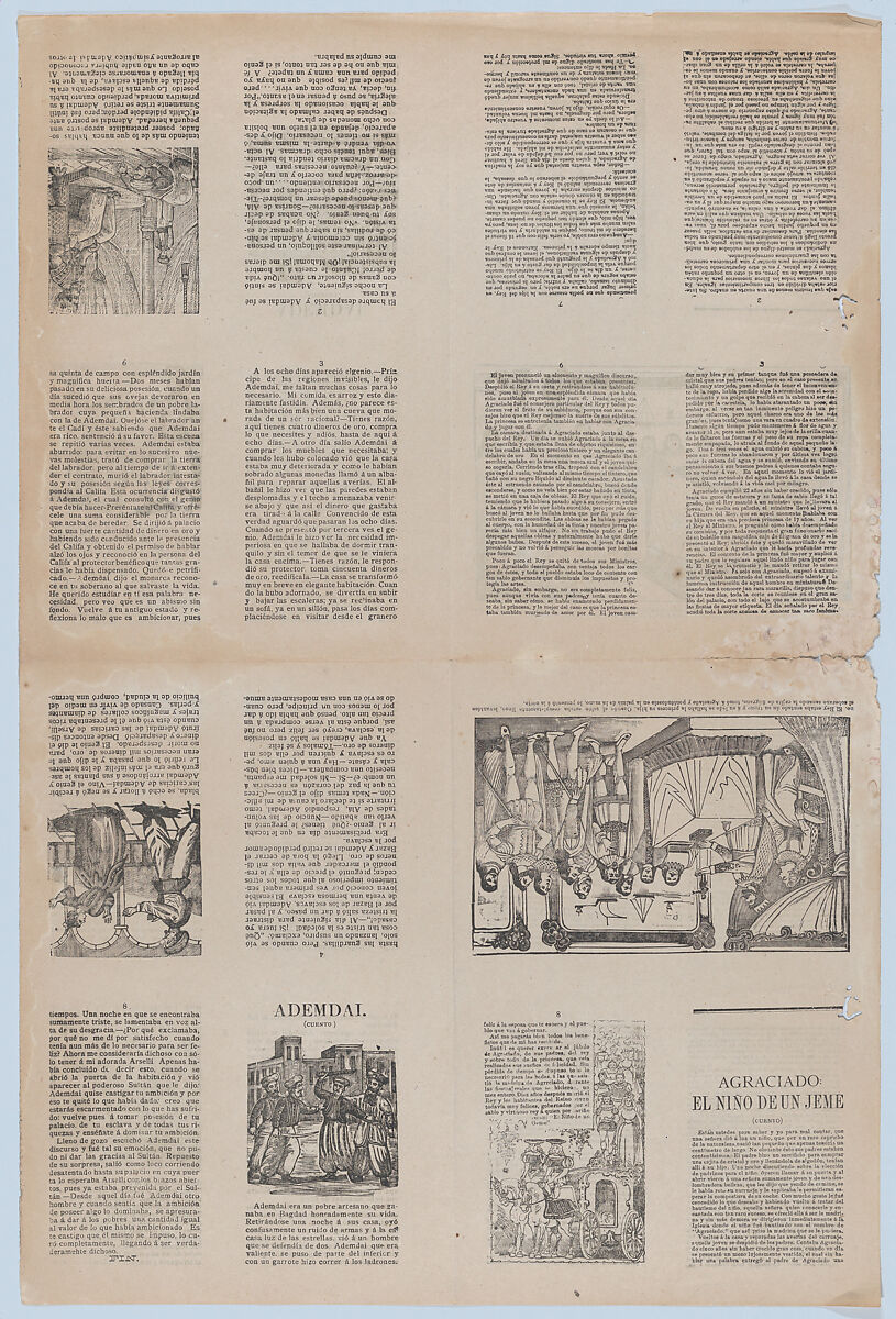 An uncut sheet printed on both sides with pages from "Ademdai" and "Agraciado: El niño de un jeme", José Guadalupe Posada (Mexican, Aguascalientes 1852–1913 Mexico City), Etching on zinc and letterpress (relief printing) 