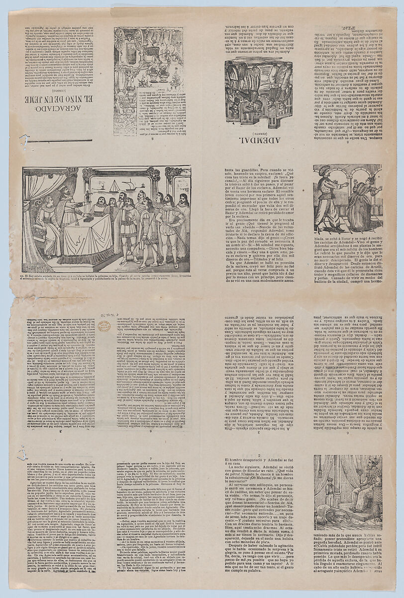 An uncut sheet printed on both sides with pages from "Ademdai" and "Agraciado: El niño de un jeme", José Guadalupe Posada (Mexican, Aguascalientes 1852–1913 Mexico City), Etching on zinc and letterpress (relief printing)
