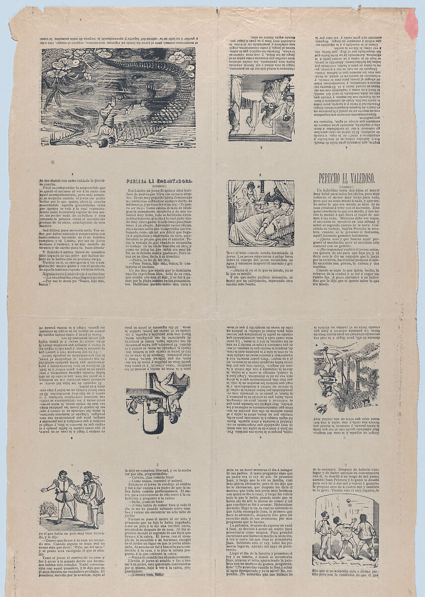 An uncut sheet printed on both sides with pages from "Perucho el Valeroso" and "Perlina la encantadora", José Guadalupe Posada (Mexican, Aguascalientes 1852–1913 Mexico City), Etching on zinc and letterpress (relief printing)